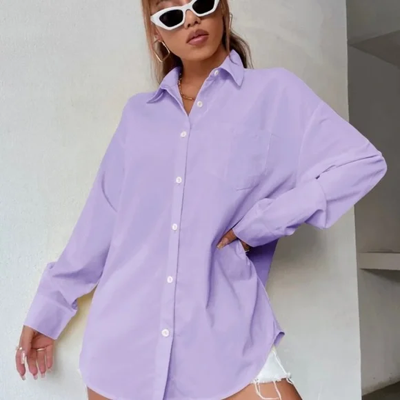 Shein oversized button down with pocket shirt NWOT. Lilac - Picture 2 of 3